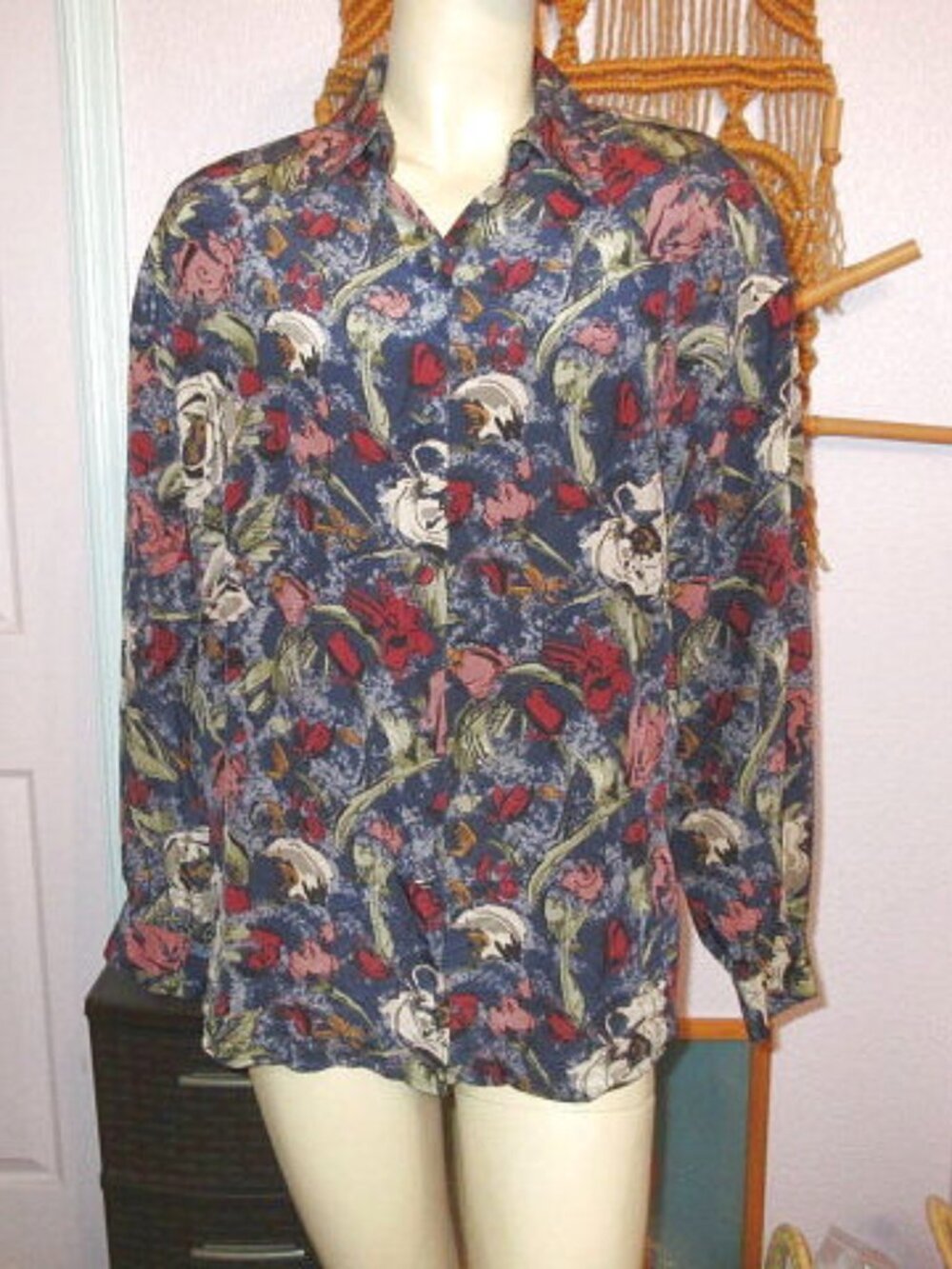 Vtg Rodier Silk Blouse Top Size 12 L Button Up Floral Old Money Regency Glam 80s